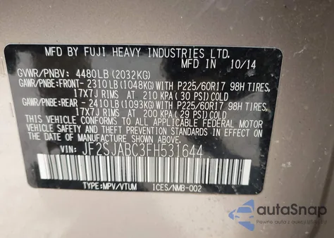 2015 Subaru Forester 2.5I из США, поврежденный, VIN JF2SJABC3FH531644